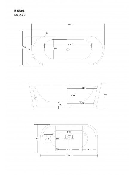Wanna przyścienna wolnostojąca Corsan E030 Mono 160 cm z szeroką krawędzią i wykończeniem białym 11