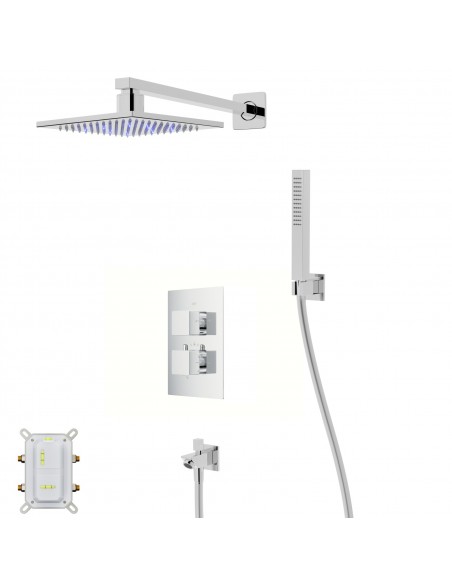 Zestaw prysznicowy Corsan Ango chrom z deszczownicą LED, baterią termostatyczną, słuchawką i wylewką