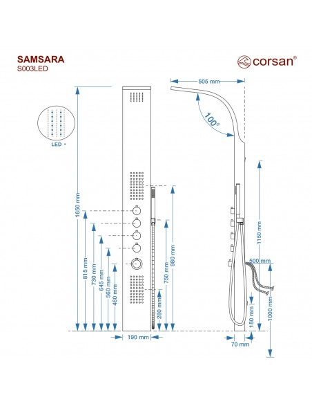 Panel prysznicowy Corsan SAMSARA Termostat Czarna stal Deszczownica LED