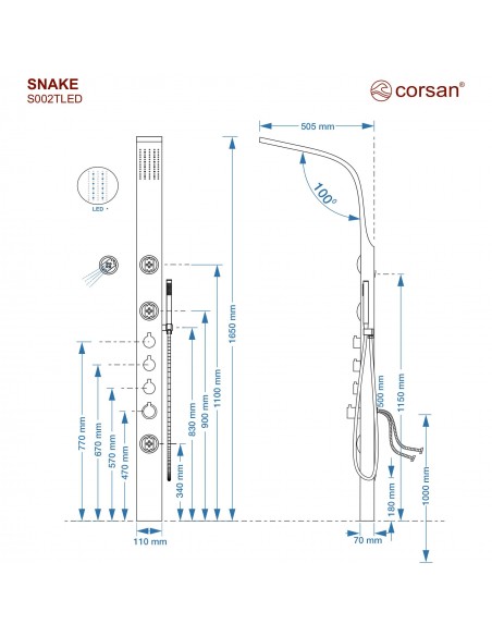 Panel prysznicowy Corsan SNAKE Termostat Czarna stal Deszczownica LED