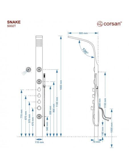 Panel prysznicowy Corsan SNAKE Termostat Stal GunMetal