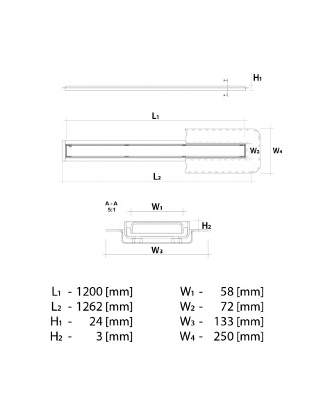 Rysunek Techniczny: Odpływ Liniowy Wiper 120 Cm MCR Ponente