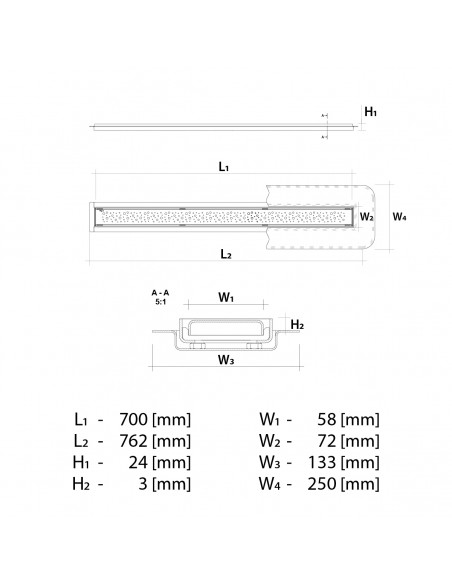 Rysunek techniczny: Odpływ liniowy Wiper 70 cm MCR Mistral