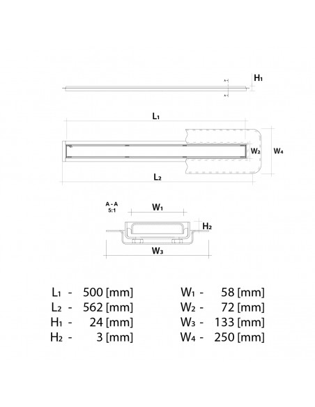 Rysunek techniczny: Odpływ liniowy Wiper 50 cm MCR Ponente