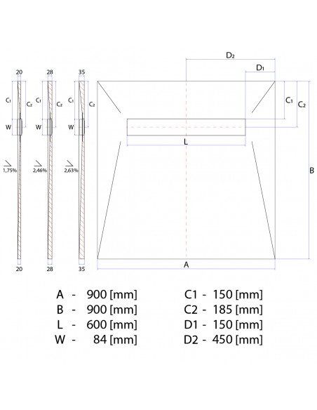 Rysunek techniczny: Brodzik podpłytkowy 90x90 Line Elite Zonda