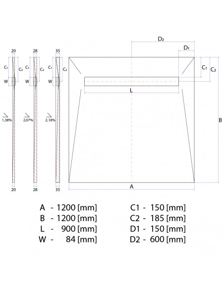 Rysunek techniczny: Brodzik podpłytkowy 120x120 Line Elite Pure