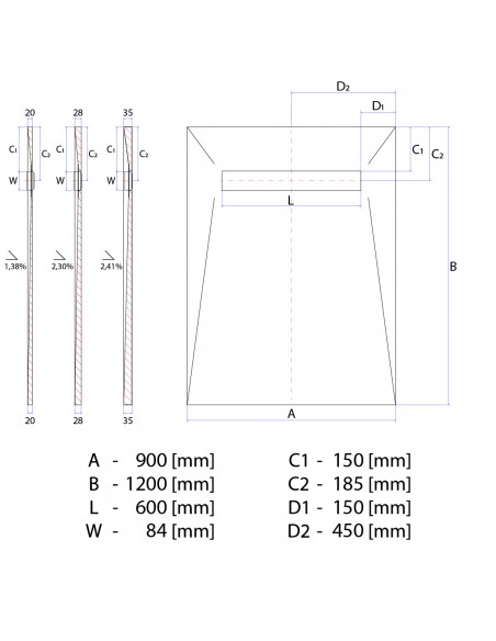 Rysunek techniczny: Brodzik podpłytkowy 90x120 Line Elite Zonda