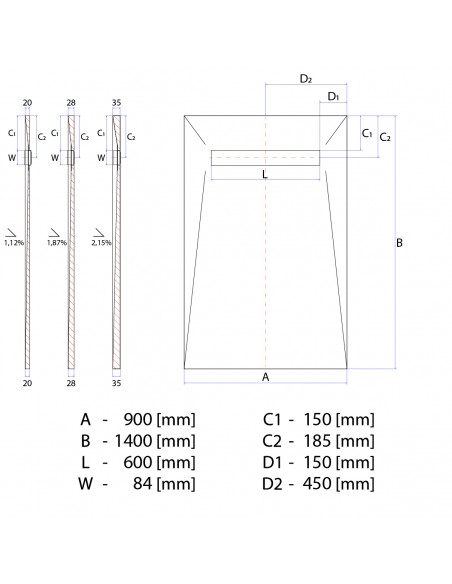 Rysunek techniczny: Brodzik podpłytkowy 90x140 Line Elite Pure