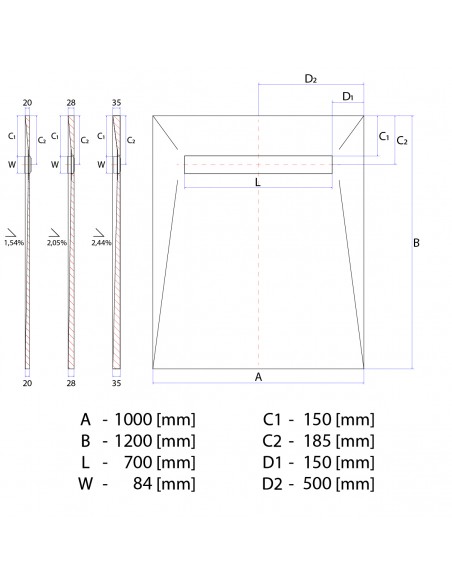 Rysunek techniczny: Brodzik podpłytkowy 100x120 Line Elite Pure