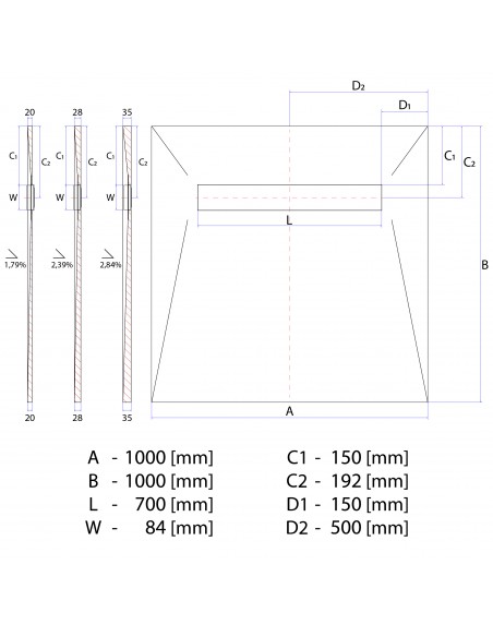 Rysunek techniczny: Brodzik pod mikrocement 100x100 MCR Ponente