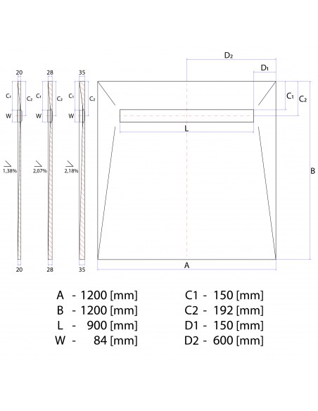 Rysunek techniczny: Brodzik pod mikrocement 120x120 MCR Reversible