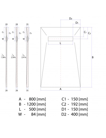 Rysunek techniczny: Brodzik pod mikrocement 80x120 MCR Ponente