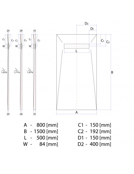 Rysunek techniczny: Brodzik pod mikrocement 80x150 MCR Pure