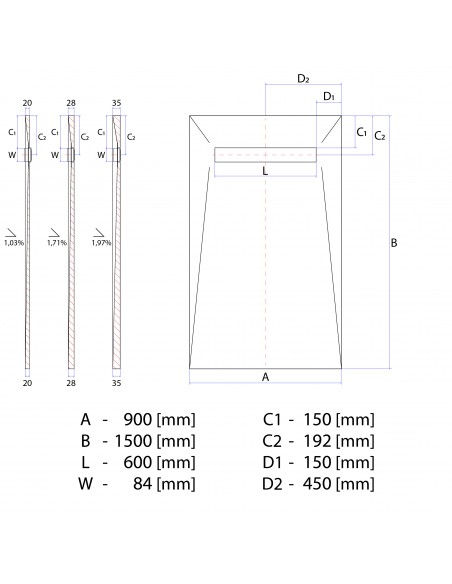 Rysunek techniczny: Brodzik pod mikrocement 90x150 MCR Ponente