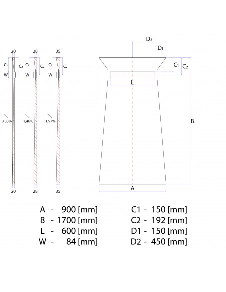 Rysunek techniczny: Brodzik pod mikrocement 90x170 MCR Ponente