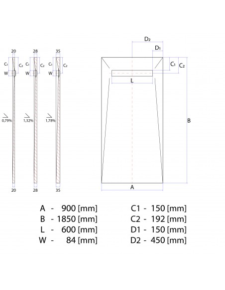 Rysunek techniczny: Brodzik pod mikrocement 90x185 MCR Ponente