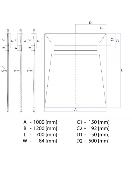 Rysunek techniczny: Brodzik pod mikrocement 100x120 MCR Zonda