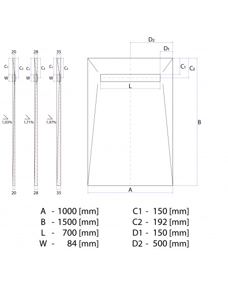 Rysunek techniczny: Brodzik pod mikrocement 100x150 MCR Ponente