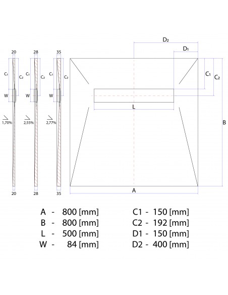 Rysunek techniczny: Brodzik podpłytkowy 80x80 cm Premium Zonda