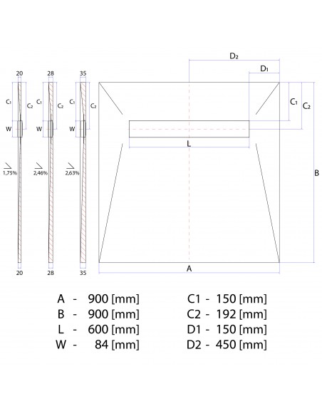 Rysunek techniczny: Brodzik podpłytkowy 90x90 cm Premium Zonda