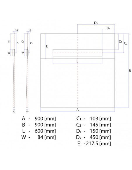 Rysunek techniczny: Brodzik podpłytkowy 90x90 Premium Pure