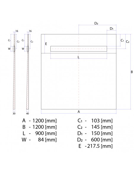 Rysunek techniczny: Brodzik podpłytkowy 120x120 Premium Pure