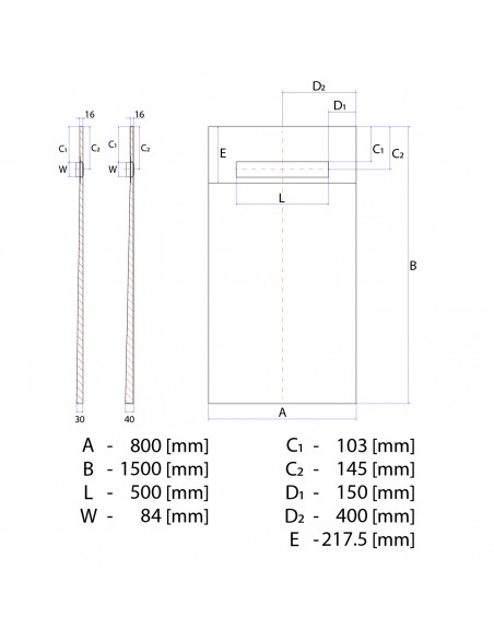 Rysunek techniczny: Brodzik podpłytkowy 80x150 Premium Pure