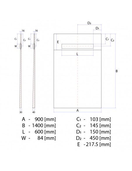 Rysunek techniczny: Brodzik podpłytkowy 90x140 Premium Pure