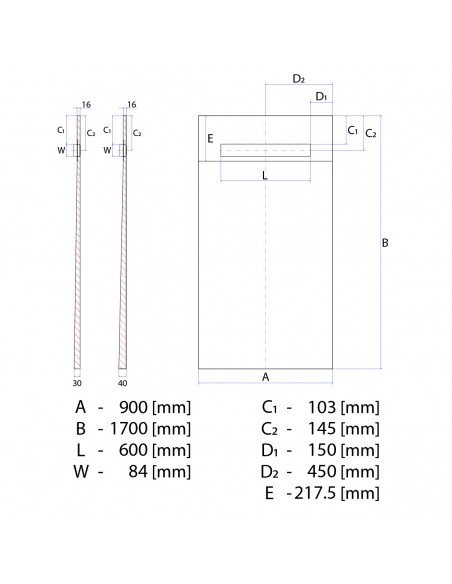 Rysunek techniczny: Brodzik podpłytkowy 90x170 Premium Ponente