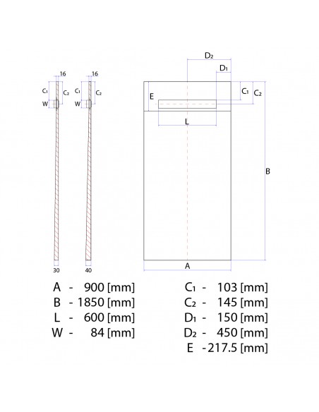 Brodzik - Podplytkowy - Jednospadowy - Wiper - 90 - X - 185 - Cm - Liniowy - Pure