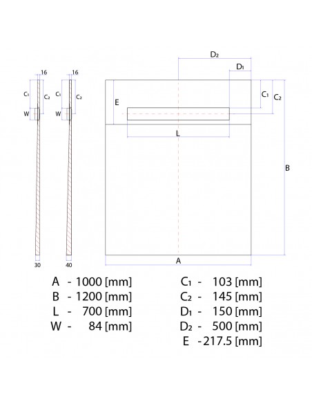 Rysunek techniczny: Brodzik podpłytkowy 100x120 Premium Pure