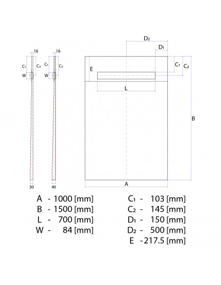 Rysunek techniczny: Brodzik podpłytkowy 100x150 Premium Pure