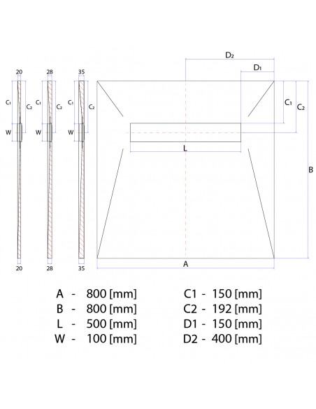 Rysunek techniczny: Brodzik podpłytkowy 80x80 VF z kratką Ponente