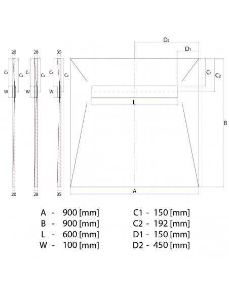 Rysunek techniczny: Brodzik podpłytkowy 90x90 VF z kratką Ponente