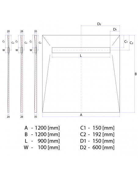 Rysunek techniczny: Brodzik podpłytkowy 120x120 VF z kratką Ponente