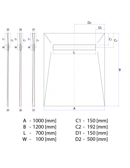 Rysunek techniczny: Brodzik podpłytkowy 100x120 VF z kratką Ponente