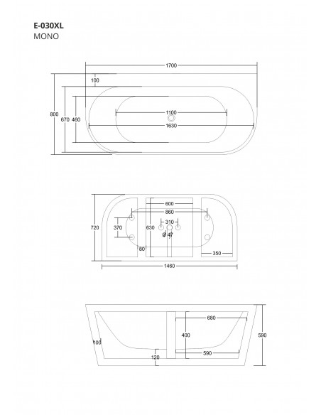 Wanna Przyścienna Wolnostojąca Corsan MONO 170 X 80 Cm Z Szeroką Krawędzią Korek Klik - Klak Szczotkowane Złoto