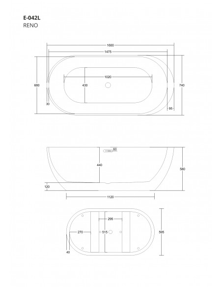 Wanna wolnostojąca Corsan RENO 160 x 74 cm z boczną półką Korek klik-klak Szczotkowane Złoto