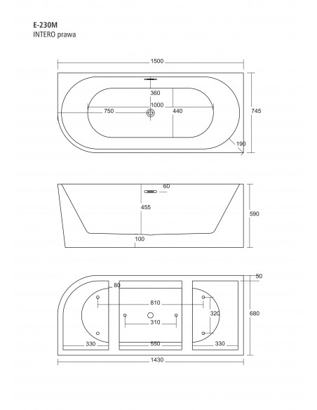 Wanna wolnostojąca narożna Corsan INTERO SLIM 150 cm Montaż prawostronny Korek klik-klak Szczotkowane Złoto