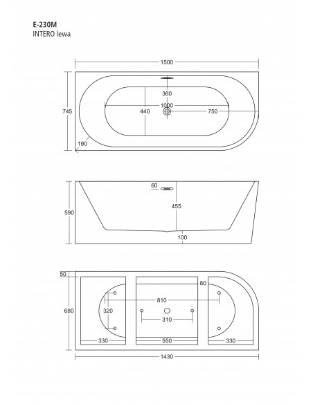 Wanna wolnostojąca narożna Corsan INTERO SLIM 150 cm Montaż lewostronny Korek klik-klak Szczotkowane Złoto