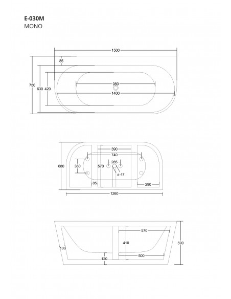 Wanna Przyścienna Wolnostojąca Corsan MONO 150 X 75 Cm Z Szeroką Krawędzią Korek Klik - Klak Szczotkowane Złoto