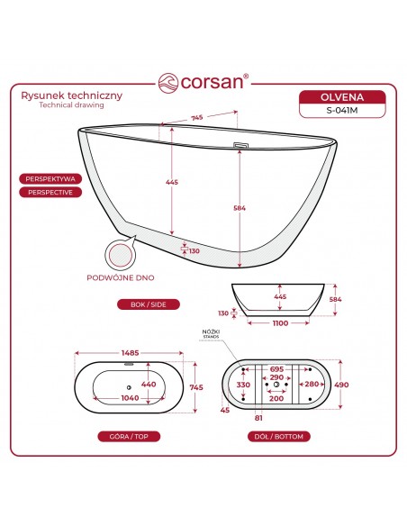 Wanna Wolnostojąca Corsan OLVENA 150 Korek Klik - Klak Miedziany   Różowe Złoto