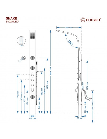 Panel prysznicowy Corsan SNAKE Mieszacz Stal GunMetal Deszczownica LED