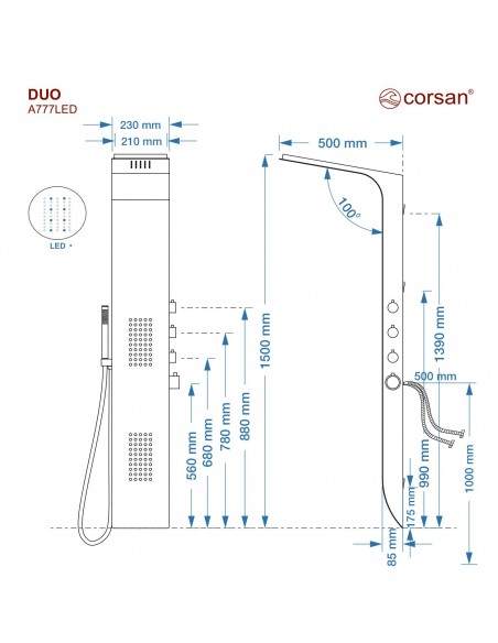 Panel prysznicowy Corsan DUO Termostat Czarny Deszczownica LED