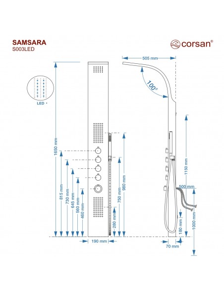 Panel Prysznicowy Corsan SAMSARA Termostat Stal GunMetal Deszczownica LED