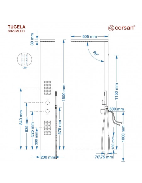 Panel Prysznicowy Corsan TUGELA Mieszacz Czarna Stal Deszczownica LED