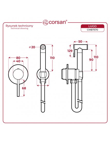 Bateria Bidetowa Podtynkowa Corsan Lugo CMB7570GM – GunMetal Z Wężem