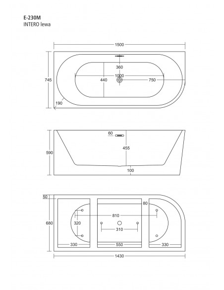 Wanna wolnostojąca narożna Corsan INTERO 150 cm Montaż lewostronny Korek klik-klak Szczotkowane Złoto