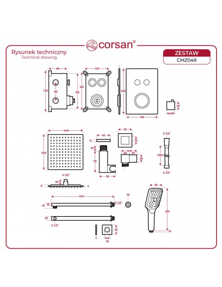 Zestaw prysznicowy Corsan CMZ049CH chrom z deszczownicą i głowicą termostatyczną