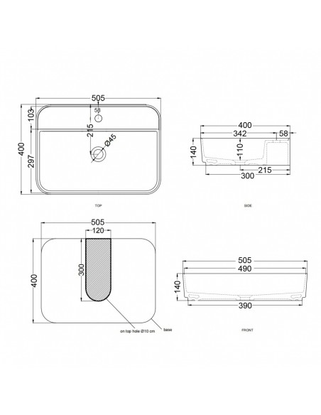Umywalka nablatowa ANGO prostokątna 500x400x140 mm z korkiem czarnym